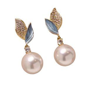 Rhinestone & Enamel Leaf Pearl Drop Stud Earrings NWOT